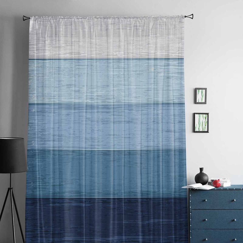 Super Six Transparente Tüll-Vorhänge im Ländlichen Stil mit blauem Farbverlauf und Streifenmuster, Farbe: Blau/Grau, B: 135 cm, H: 114 cm - Bild 2