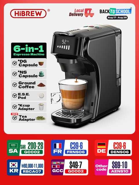 HiBREW 6in1 Kapsel-Kaffeevollautomat für Nespresso, Dolce Gusto und Pulver, Schwarz - Bild 1