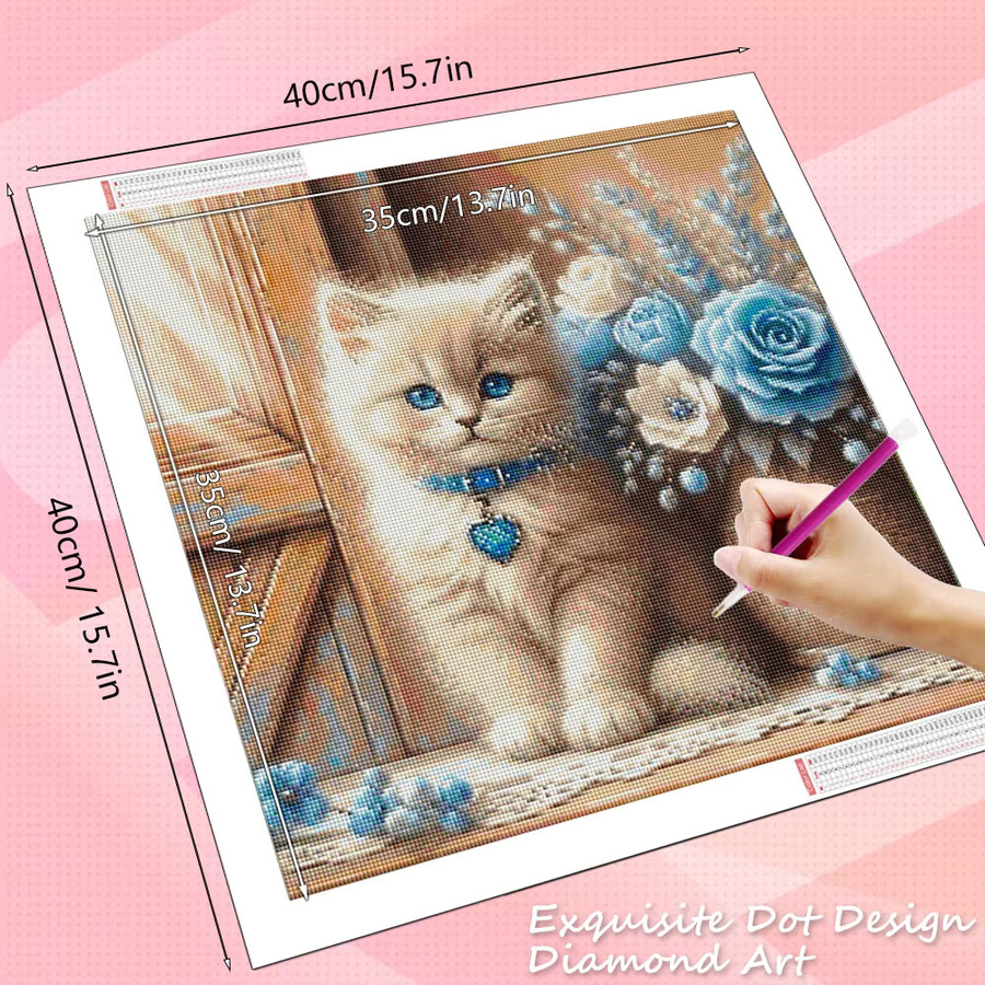 HUACAN Diamant-Mosaik 5D DIY-Set mit Katze und Blumen in Pink und Multicolour, 30 x 30 cm - Bild 2