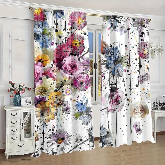Yiran Furniture Blumenmuster Vorhänge mit Ösen, 2er-Set, halbtransparent, Multicolour, Breite: 65 cm, Höhe: 60 cm - Bild 1