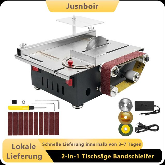 Multifunktionale 2-in-1 Mini-Tischkreissäge und Bandschleifer mit 300W Doppelmotor-Steuerung und Edelstahl-Arbeitstisch in Silber, B/T/H: 29,0 x 25,5 x 10,0 cm - Bild 1
