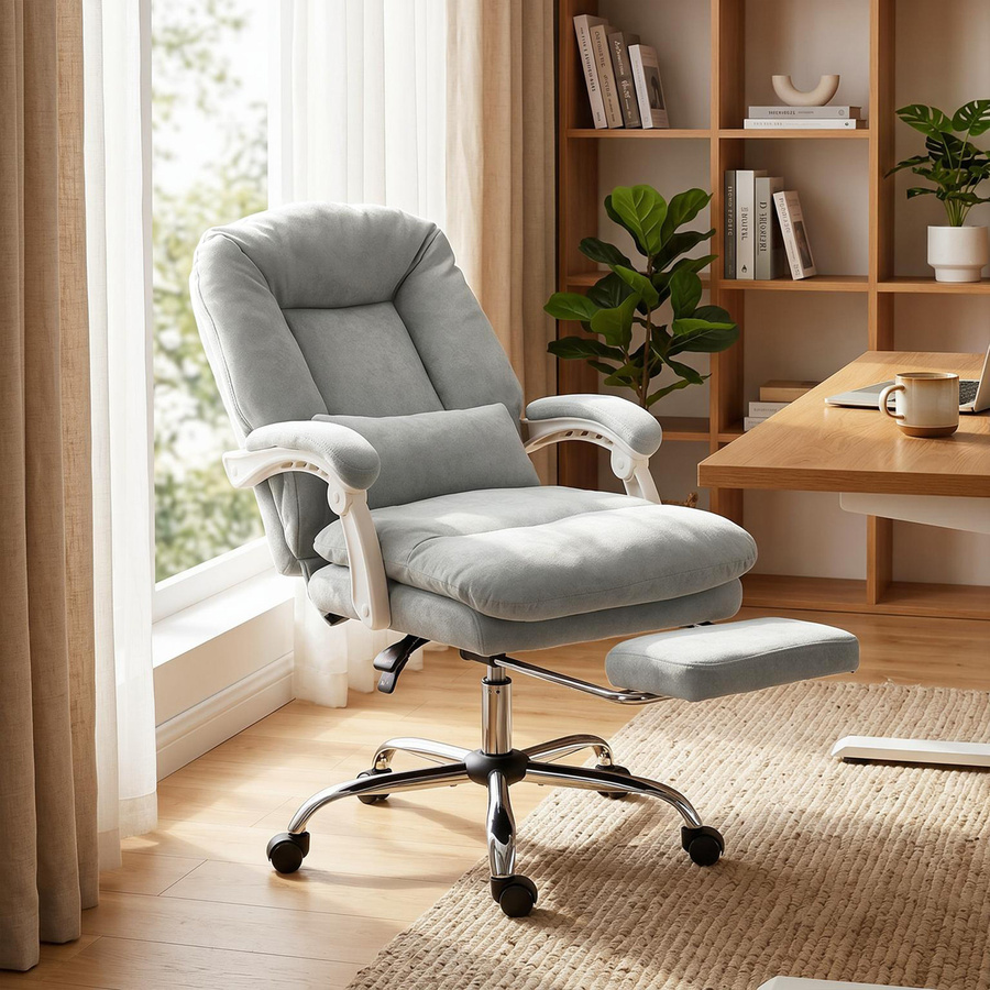 HOMCOM Ergonomischer Bürostuhl aus Samt in Hellgrau mit Fußstütze, Lendenstütze und 360 Grad Drehfunktion für dein Home Office - Bild 2