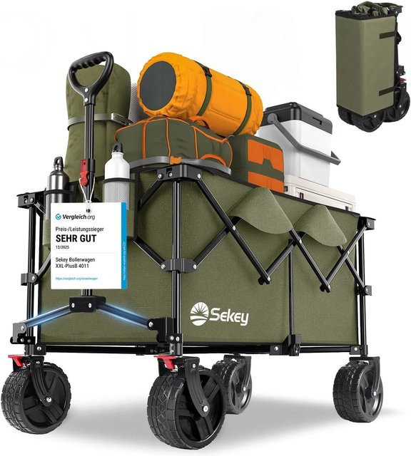 Sekey XXL Plus Bollerwagen faltbar in Olivgrün mit 200L Volumen und 200KG Traglast sowie Bremsen und extra breiten Rädern - Bild 1