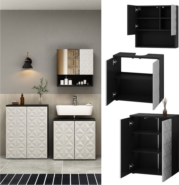 Vicco Badmöbel-Set Edge modern in Schwarz und Weiß bestehend aus Spiegelschrank, Waschbeckenunterschrank und Badezimmerkommode - Bild 1