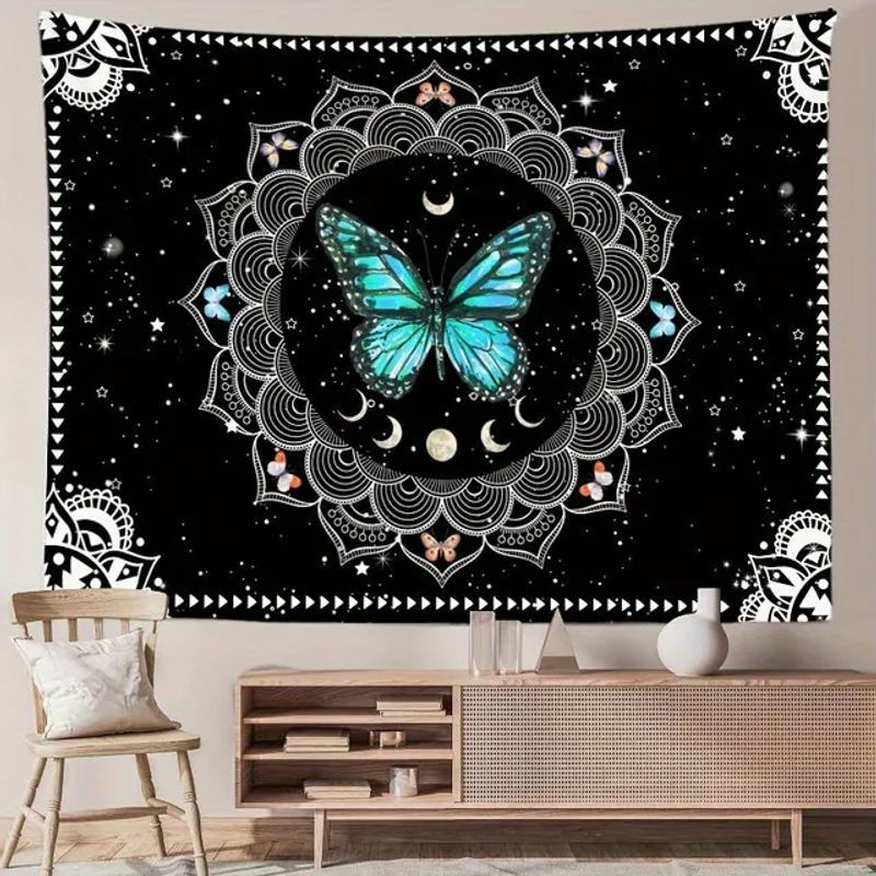 VIKAMA Schmetterlings Wandteppich in Schwarz-Weiß-Blau, dekorativer Bohemian Wandbehang mit Schmetterlings-Motiv für Wohnzimmer und Schlafzimmer - Bild 1