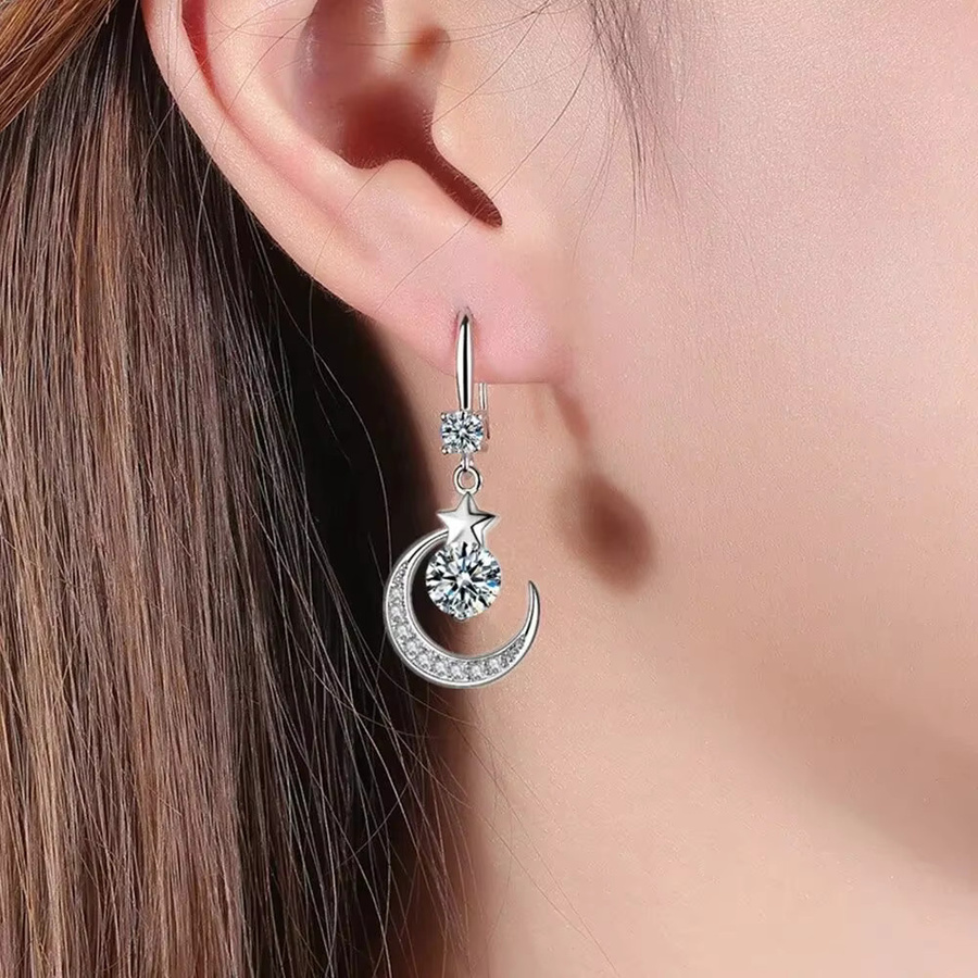 Ohrringe Stern Mond, 925 Sterling Silber, Weißer Saphir, Damen - Bild 3
