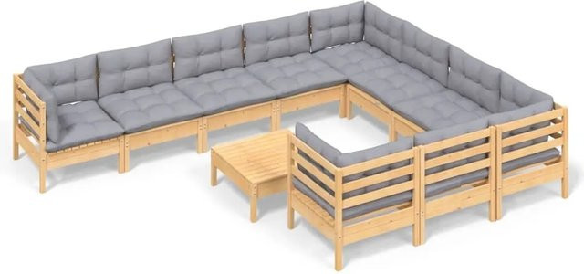 vidaXL 11-tlg. Garten-Lounge-Set aus massivem Kiefernholz mit grauen Kissen - Bild 1