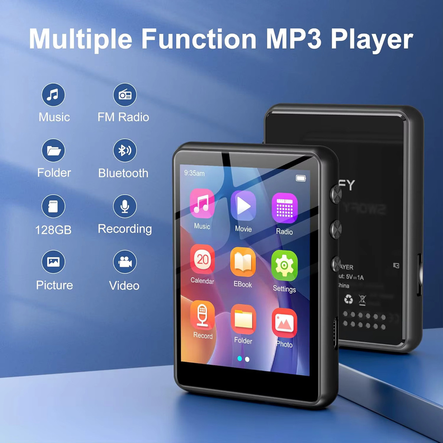 WOFY M4 MP3-Player mit 64GB, Bluetooth 5.3, eingebautem Lautsprecher und FM-Empfänger, Schwarz, erweiterbar auf 128GB - Bild 2