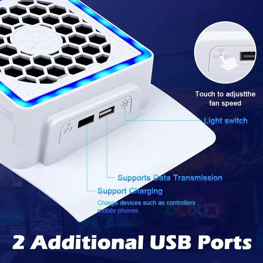 Pogopirate Seitenkühler für PS5 Slim mit LED-Beleuchtung und 2 USB-Anschlüssen in Weiß - Bild 4