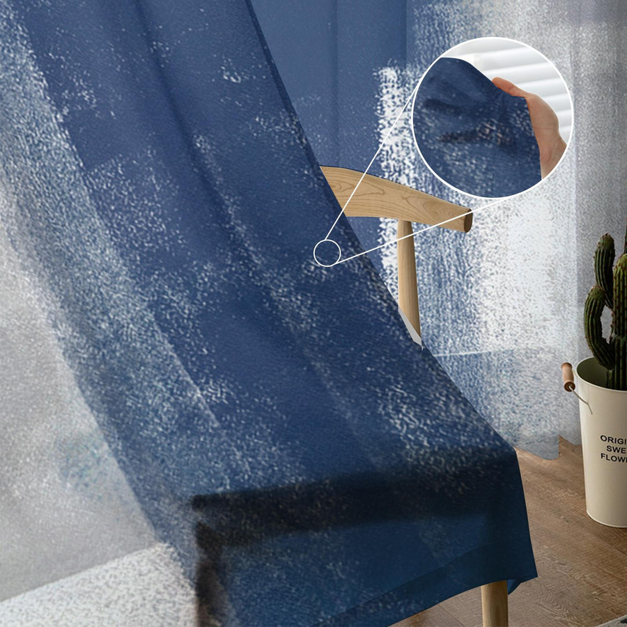 Transparente Tüll- und Voile-Vorhänge mit abstraktem Ölgemälde-Design in Blau und Grau, Breite: 135 cm, Höhe: 115 cm - Bild 2