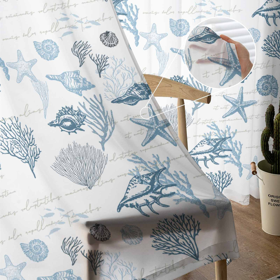 Transparente Vorhänge mit Seesternen und Muscheln in Koralle, Tüll Voile Organza für Wohnzimmer und Küche, Breite: 135 cm, Höhe: 115 cm - Bild 2