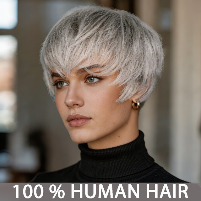 OYM HAIR Echthaar-Perücke, Pixie-Schnitt, grau, lockig, mit Pony - Bild 1