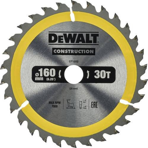 DEWALT Kreissägeblatt für Handkreissägen DT1932-QZ, Durchmesser: 160 mm, Bohrung: 20 mm, 30 Zähne - Bild 1