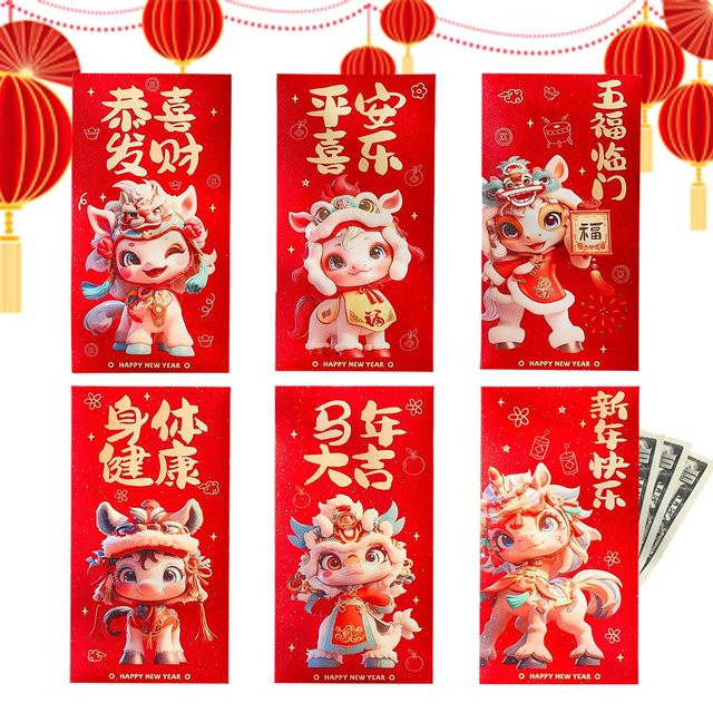 6 Stück Rote Geldumschläge für das Chinesische Neujahr 2026 Jahr des Pferdes aus Papier - Bild 1