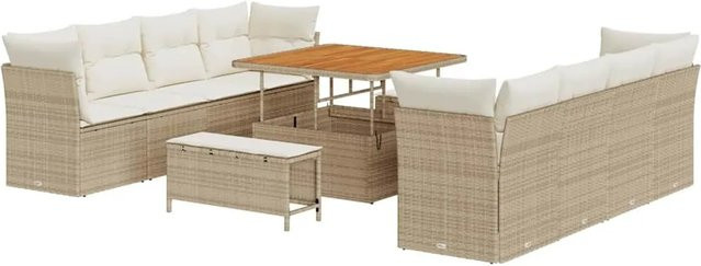 vidaXL Garten-Sofa-Set 11-teilig aus Poly-Rattan und Akazienholz in Beige-creme mit Polsterung und Tisch in U-Form - Bild 1