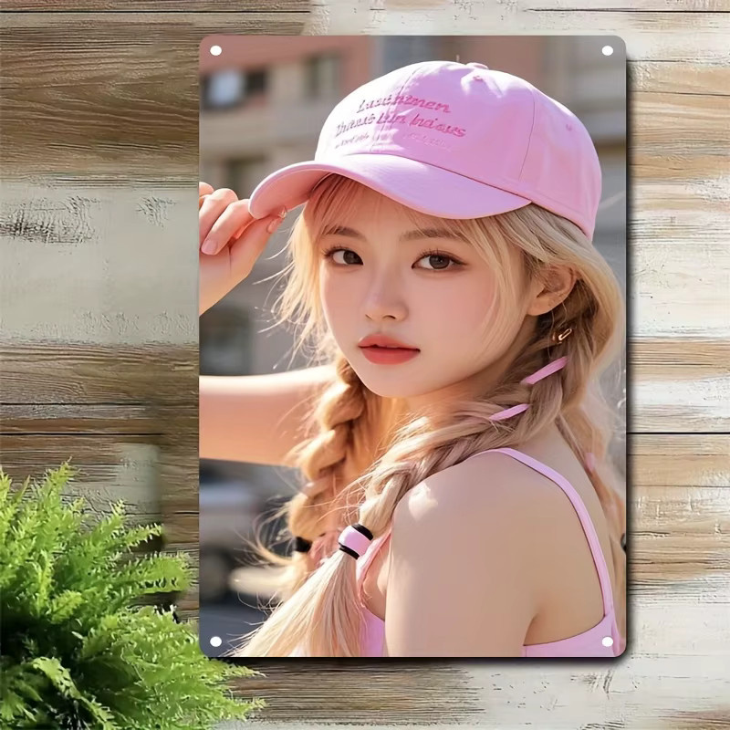 Metallschild HELLOYOUNG im koreanischen Stil mit rosa Haarzöpfen und Typografie in Pink und Weiß - Bild 2