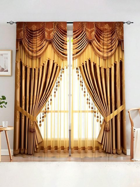 Yiran Furniture 2-teiliges Vorhang-Set aus Polyester im Retro-Stil mit Grafik-Design, braun, Breite: 100 cm, Höhe: 240 cm - Bild 1