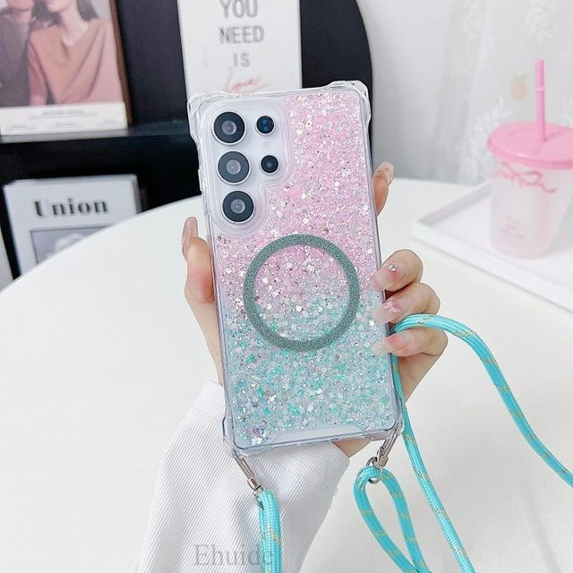 Stoßfeste Glitzerhülle mit magnetischer Handschlaufe für Samsung Galaxy S25 Ultra S24 FE S23 Plus S22 A56 A36 A16 in Grau - Bild 1