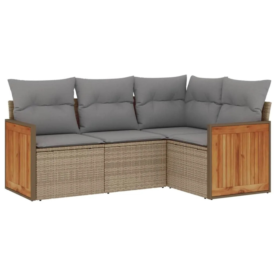 vidaXL 4-tlg Garten-Sofagarnitur in L-Form aus Polyrattan und Akazienholz in Beige mit Kissen und Stauraum - Bild 2