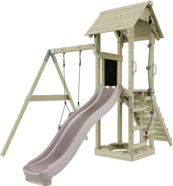 PolarPlay Babyschaukel Göteborg Spielturm aus Holz in Rosa und Naturfarben mit Schaukel und Höhenverstellung - Bild 1
