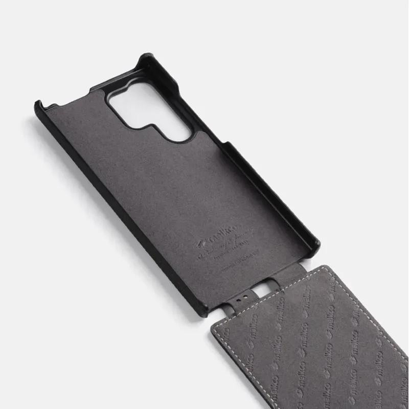 Melkco Premium Rindsleder Handyhülle für Samsung Galaxy S26 Ultra und S26 Plus 5G mit kabellosem Laden, vertikaler Flip-Case, Schwarz - Bild 3