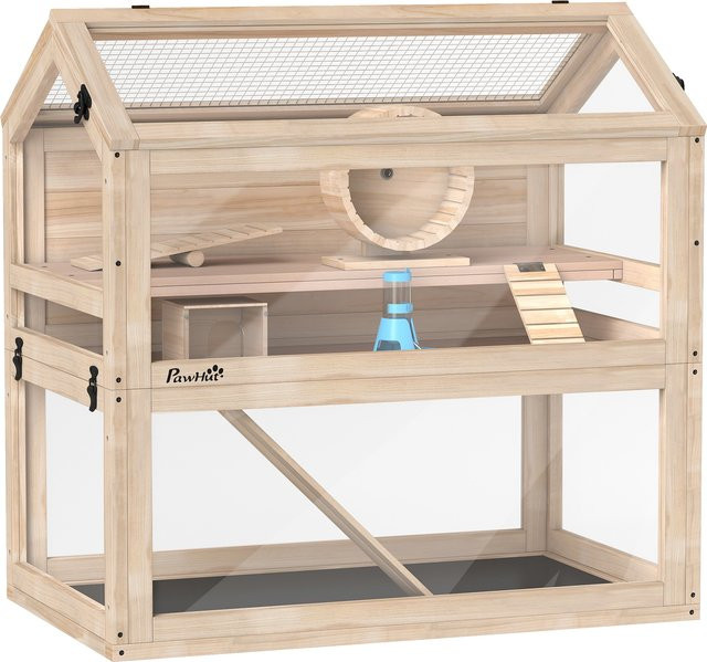 PawHut Hamsterkäfig aus Holz in Braun mit 3 Etagen, Nagerkäfig für Kleintiere inklusive Laufrad, Wippe, Rampe, Hütte und Wasserflasche, B/T/H: 76 x 45,5 x 77 cm - Bild 1