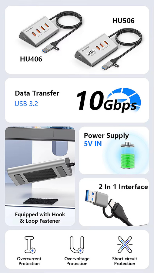 Blueendless 4-in-1 USB 3.2 Gen2 10Gbps Aluminium USB-C und USB-A Hub mit 5 Ports sowie TF-SD-Kartenleser in Silber für PC, Laptop und MacBook - Bild 5