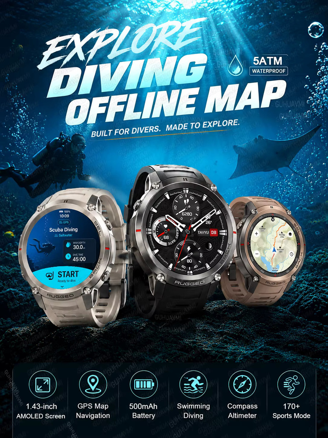 GUHUAVMI GPS-Navigations Smartwatch mit Offline-Karten, 1,43 Zoll AMOLED-Display, 5ATM wasserdichte Outdoor-Fitnessuhr für Männer, Schwarz - Bild 7