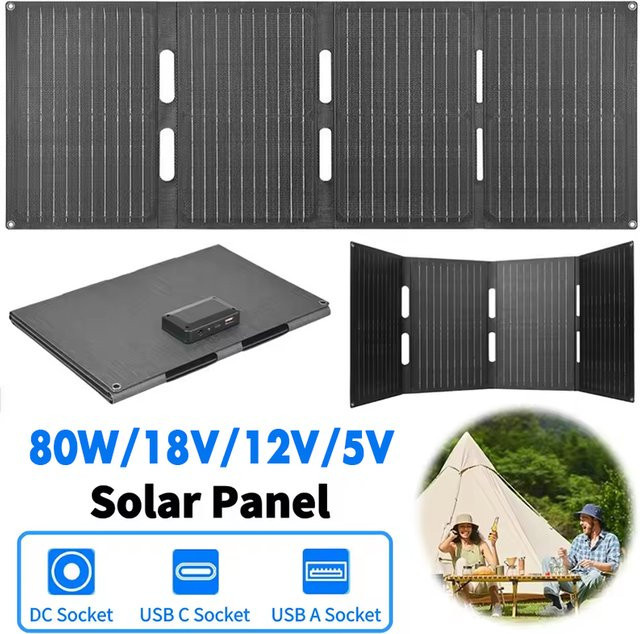 luxuglow Faltbares Solarpanel 80 W, IP65 wasserdicht, tragbares Solarpanel-Ladegerät in Schwarz für Handy und Laptop, ideal für Camping und Wandern - Bild 1