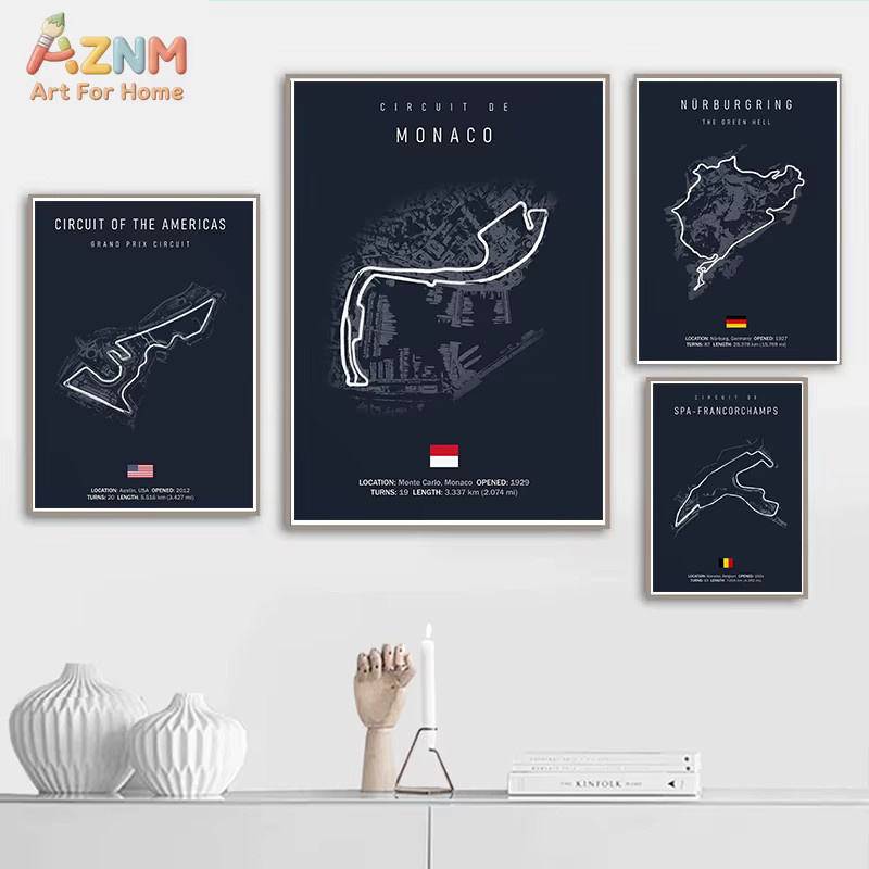 AZNM Rennstreckenkarte Leinwand Wandkunst Zandvoort Nürburgring Spa-Francorchamps Monaco F1 Poster Schwarz - Bild 2