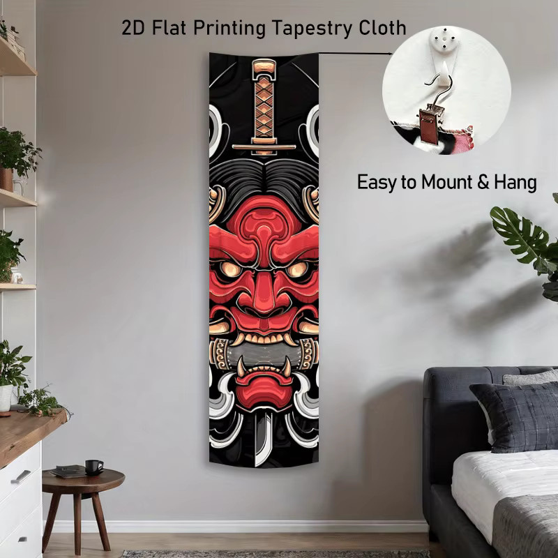 VIKAMA Japanischer Wandteppich mit Hannya-Maske und Katana-Design in Rot und Schwarz - Bild 3