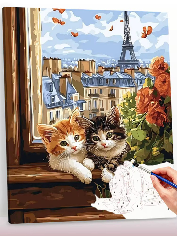 Huacan DIY Ölgemälde nach Zahlen, Katzen, Eiffelturm, Tierlandschaft, Set - Bild 5