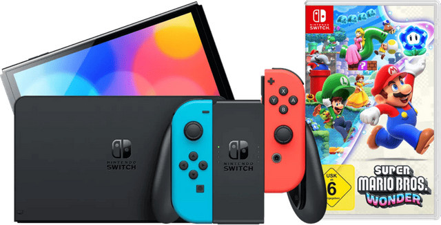 Nintendo Switch OLED Handheld Konsole Blau/Rot inklusive Super Mario Bros. Wonder - Bild 1