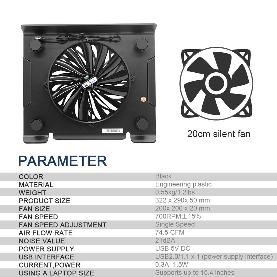 Cooler Master Notebook-Kühlerständer mit leisem Lüfter und 2 USB-Anschlüssen für bis zu 15,4 Zoll, Schwarz - Bild 3
