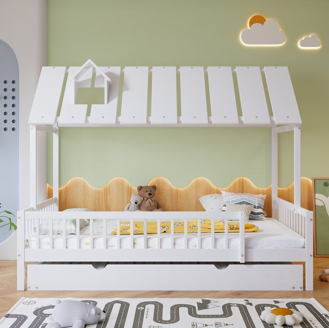 Kinderbett aus Kiefer und MDF mit ausziehbarem Unterbett und 3-seitigem Seitenschutz, Weiß, B/T: 120 x 200 cm - Bild 1