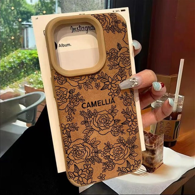 Yiran Leder Handyhülle mit Ästen und Blättern für iPhone 16 Pro Max 15 14 Plus 13 12 11 XS Max X XR in Braun, stoßfeste Hülle - Bild 1
