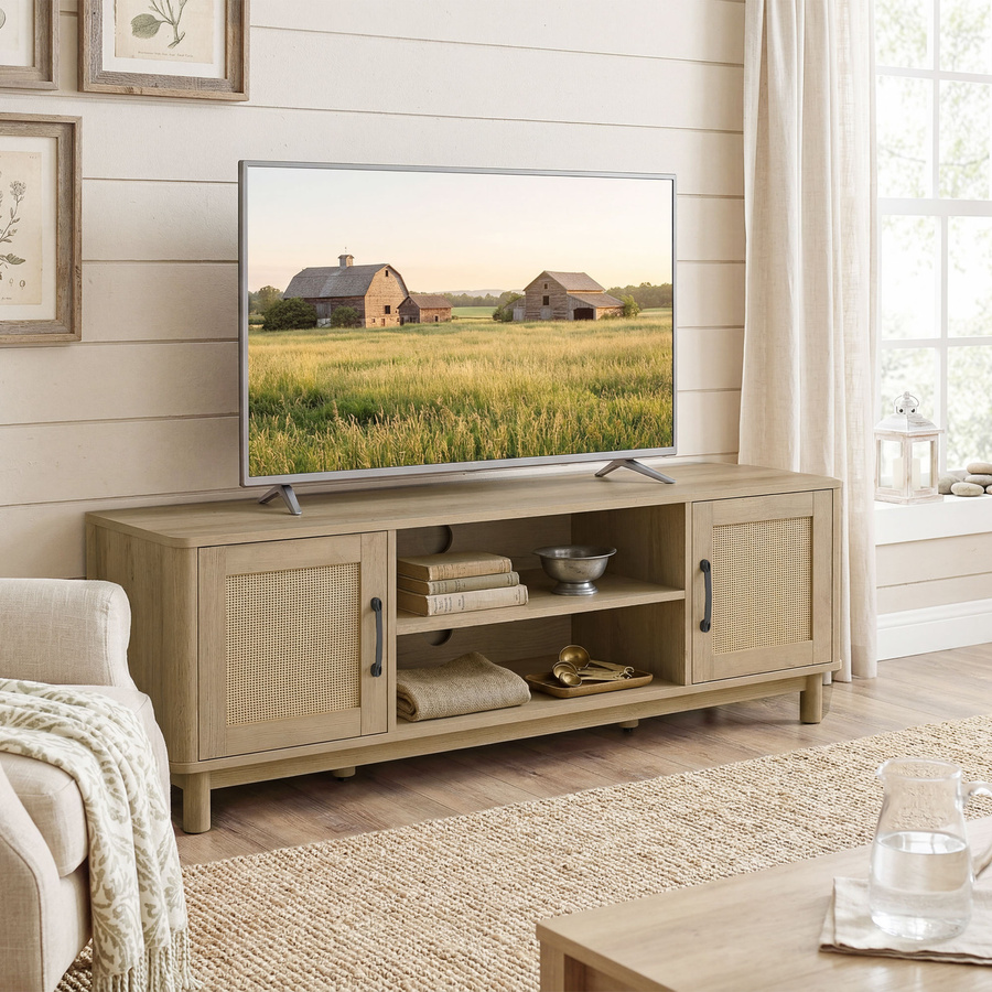 HOMCOM TV-Möbel in Eiche im Boho-Stil mit Rattan-Türen und Kiefernholzfüßen, Breite: 135 cm - Bild 2