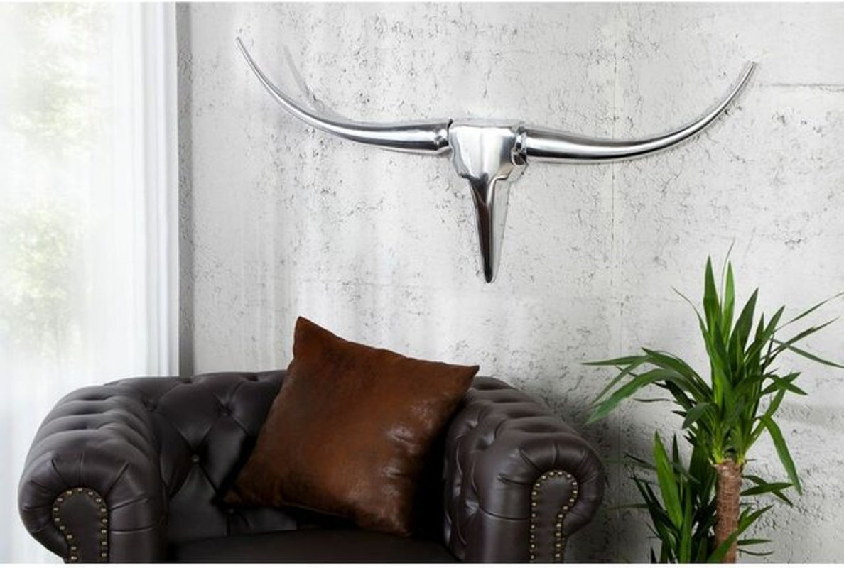 Wanddeko Stierkopf aus Aluminium in Silber und Grau, moderne Jagdtrophäe für die Wandmontage, Länge: 100 cm - Bild 1