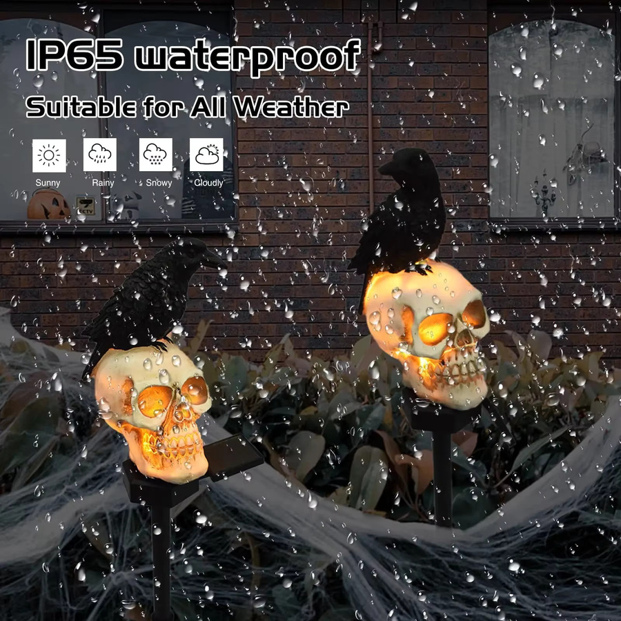 Solar-Halloween-Schädel-Pfahl-Lichter aus wasserfestem Harz und Kunststoff in Weiß und Schwarz mit warmweißem Licht für Garten und Außenbereich - Bild 5