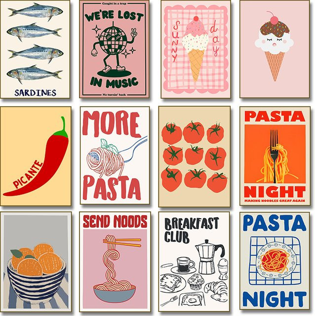 Potdemiel Leinwand Wandkunst Poster mit Illustration von Eis, Pasta, Tomate und Chili in Rot und Multicolour - Bild 1