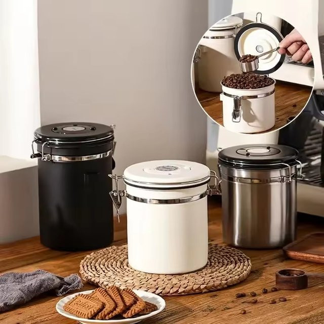 HOCOSHINE Vakuum-Vorratsglas aus Edelstahl und Glas mit Löffel, luftdichter Behälter für Kaffeebohnen und Nüsse, Silber/Weiß - Bild 1