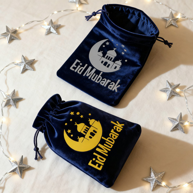 5 Stück Eid Mubarak Kordelzug-Geschenkbeutel aus Textil für Ramadan und Islamische Feiertage - Bild 1