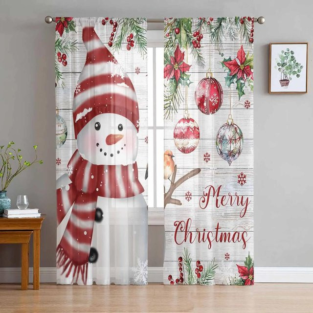 Transparente Weihnachtsvorhänge mit Poinsettia-Blumenmuster in Weiß, Tüll-Voile-Gardinen für Wohnzimmer und Küche, Breite: 135 cm, Höhe: 115 cm - Bild 1