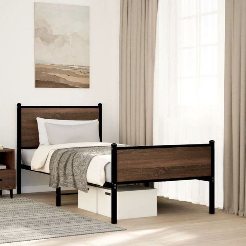 Metallbett Vidaxl in Braun mit Eichen-Optik im Industrial-Stil, B/H: 75 x 190 cm - Bild 1