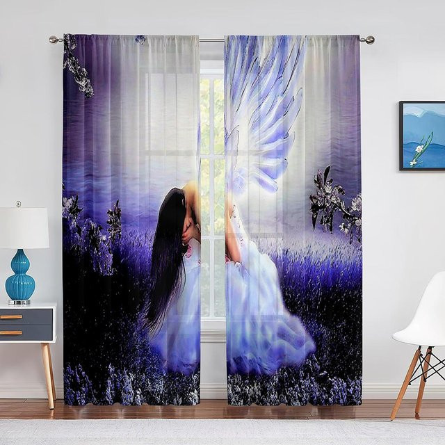 Super Six Transparenter Tüllvorhang Engelsflügel in Rosa und Lila, Chiffon-Voile mit Ösen, Breite: 100 cm, Höhe: 250 cm - Bild 1