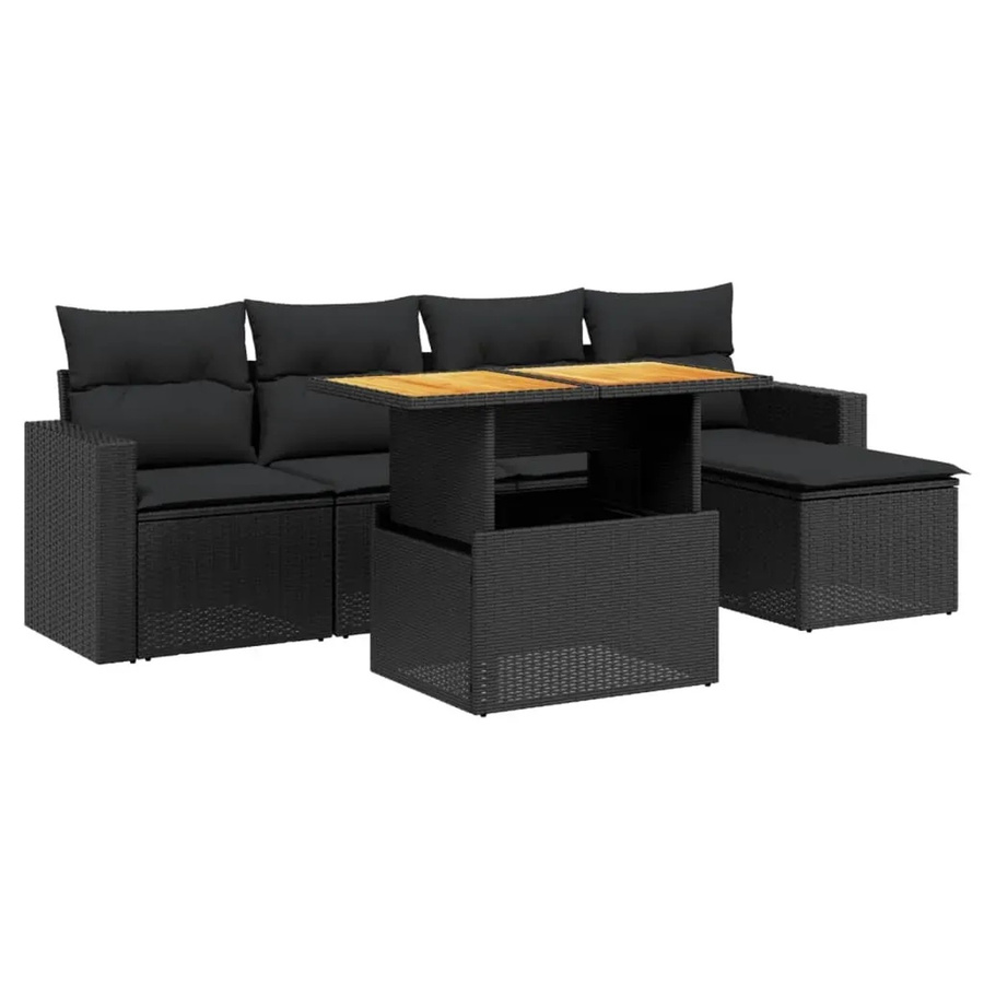 vidaXL 6-teilige Garten-Sofagarnitur in L-Form aus Polyrattan und Akazienholz mit Kissen, Schwarz - Bild 2