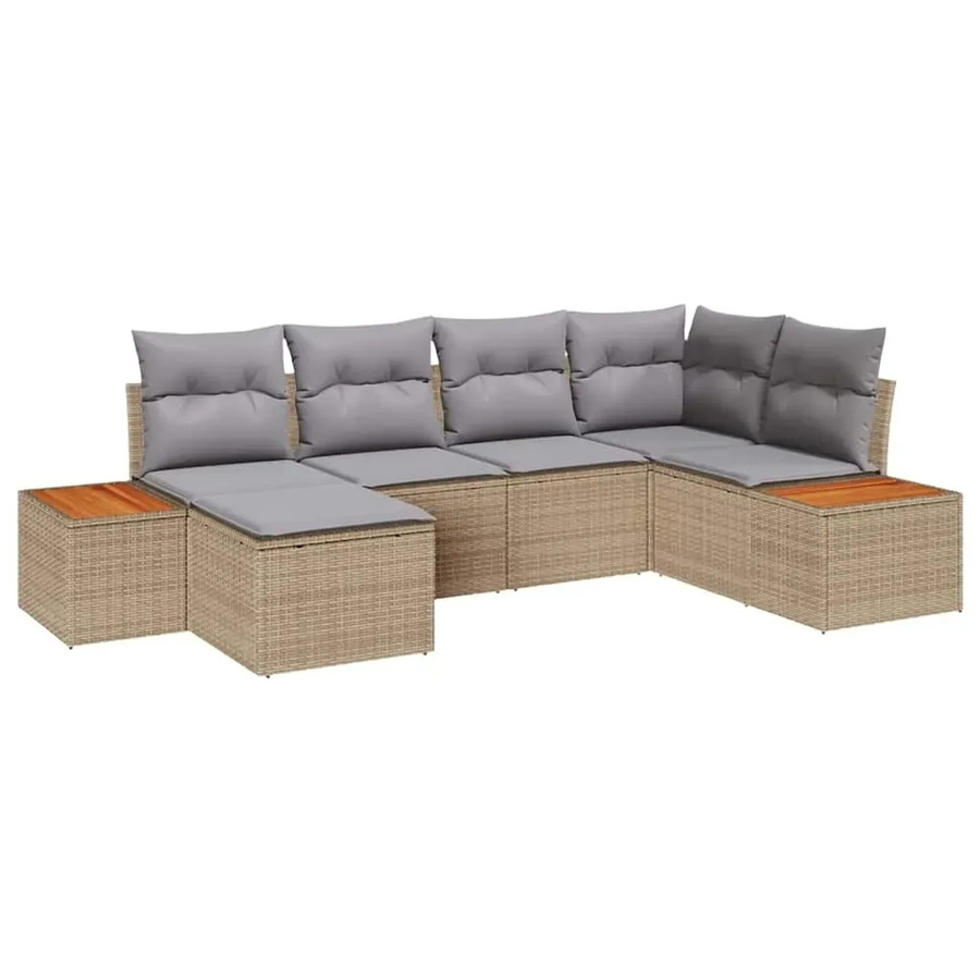 vidaXL Garten-Sofa-Set 6-teilig in L-Form mit Ottoman und Kissen, Beige/Grau, Poly-Rattan und Metallgestell - Bild 2