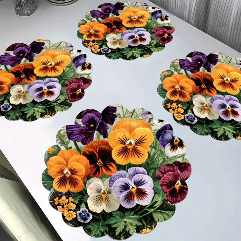 VIKAMA 4er-Set runde Tischsets aus Leinen mit floralem Blumenmuster in Purpur und Multicolour, hitzebeständig - Bild 2