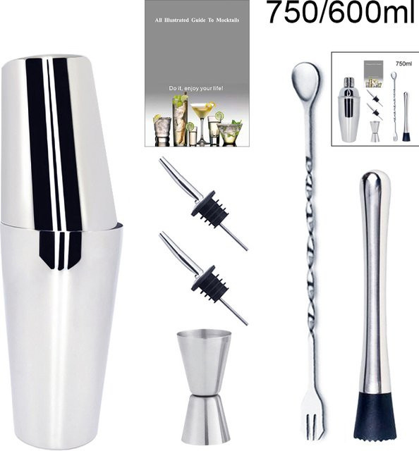 XINGZHAOHOME Cocktail-Shaker-Set aus Edelstahl in Silber mit 750 ml Volumen und Barkeeper-Zubehör inklusive Rezepten - Bild 1