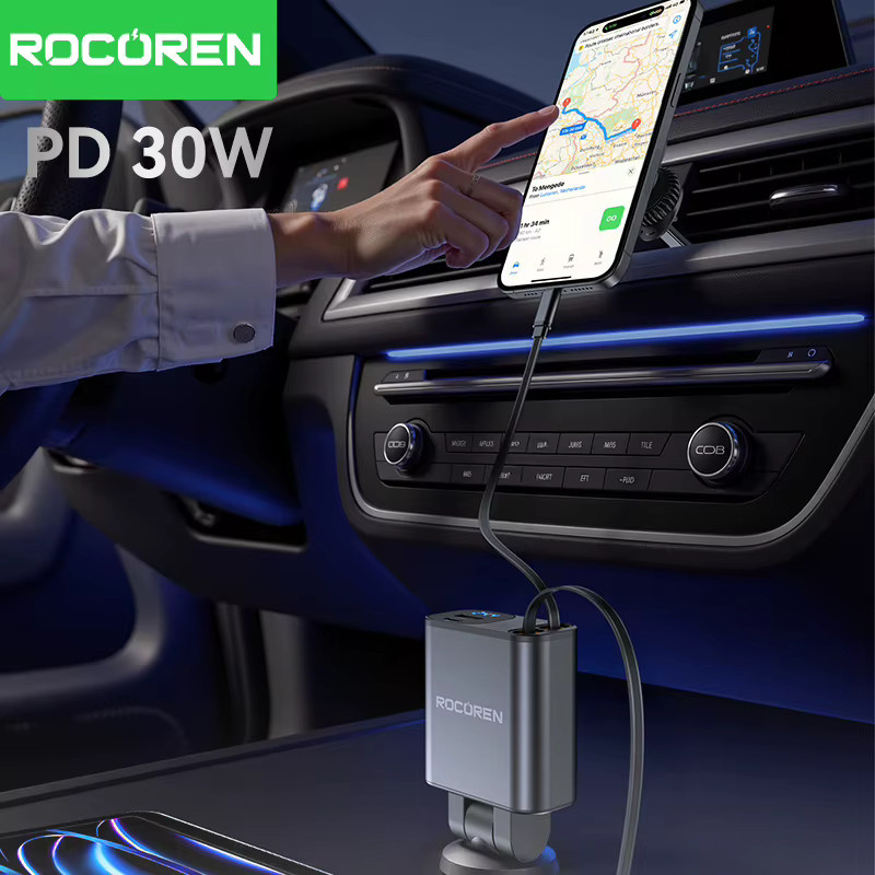 Rocoren 4-in-1 Autoladegerät mit PD 30W USB Typ C, digitaler Anzeige und integriertem Ladekabel - Bild 3